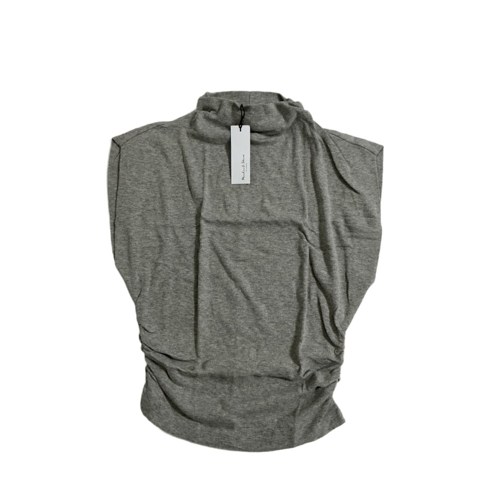 Michael Stars Amara Mock Neck Power Shoulder Top Womens L Heather Grey Ultra Rib